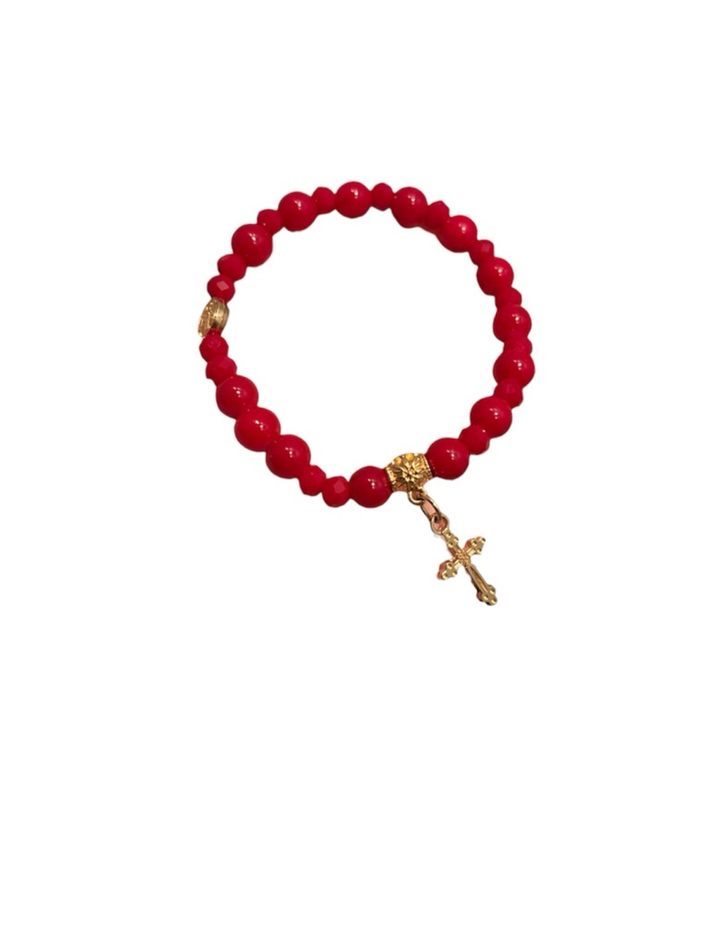 Red Glass Beaded Bracelet with Gold Cross Charm